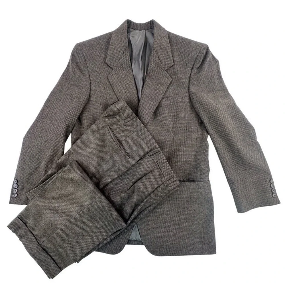 Graham & Gunn Mens 40R Suit Set 33 x 29 Pants Brown‎ Micro Check Wool Blend